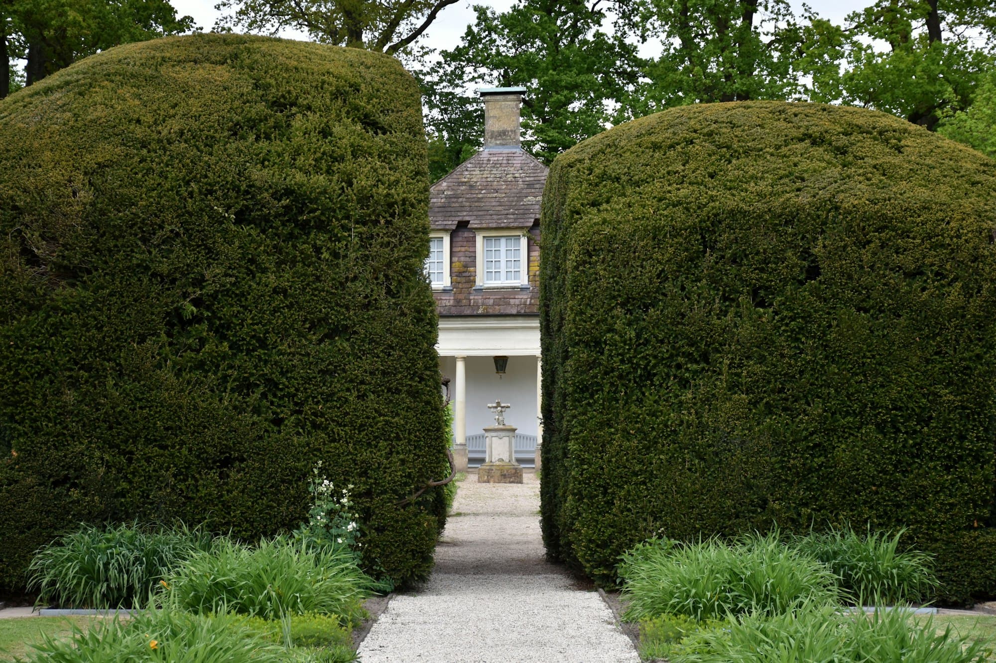 Formschnitt-Hecken rahmen einen realen Gartenweg